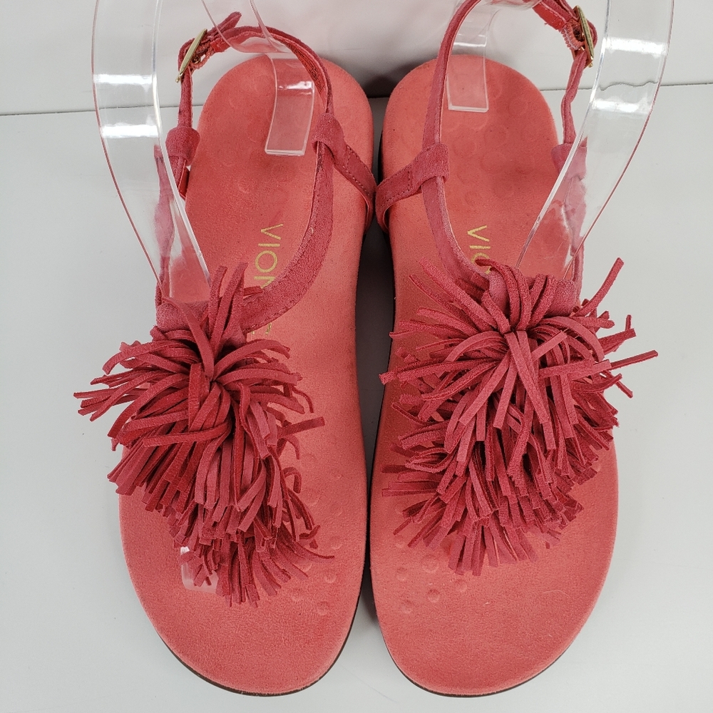 Vionic Sosha Coral Suede T Strap Fringe Comfort Arch Support Sandels sz 6M.